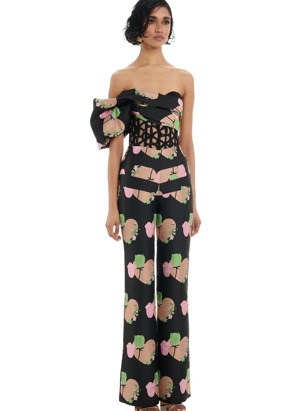 Strapless Floral Wide-Leg Jumpsuit in Black and Pink